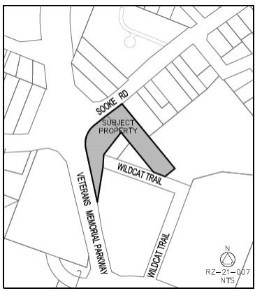 Map highlighting a subject property at the intersection of Sooke Road, Veterans Memorial Parkway, and Wildcat Trail.