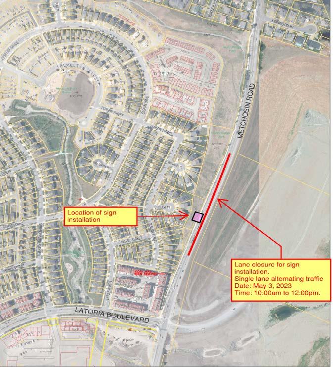 Map indicating the location and details of a sign installation on Metchosin Road with lane closure information.