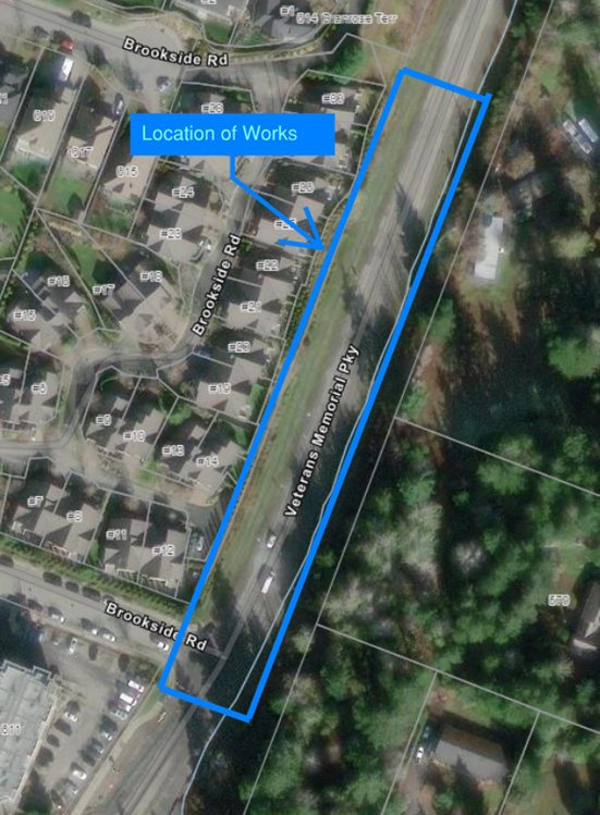Aerial map indicating the location of works along Veterans Memorial Parkway near Brookside Road.