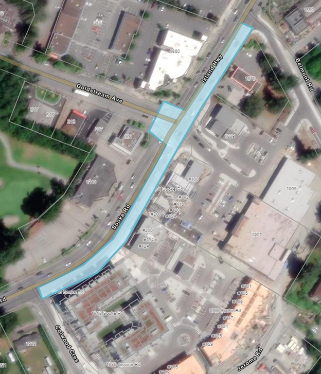 Aerial view of Sooke Road and Island Highway intersection with highlighted zones.