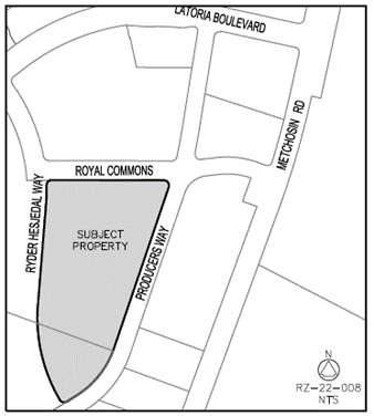Map highlighting subject property bordered by Royal Commons, Ryder Hesjedal Way, Producers Way, and Metchosin Road.