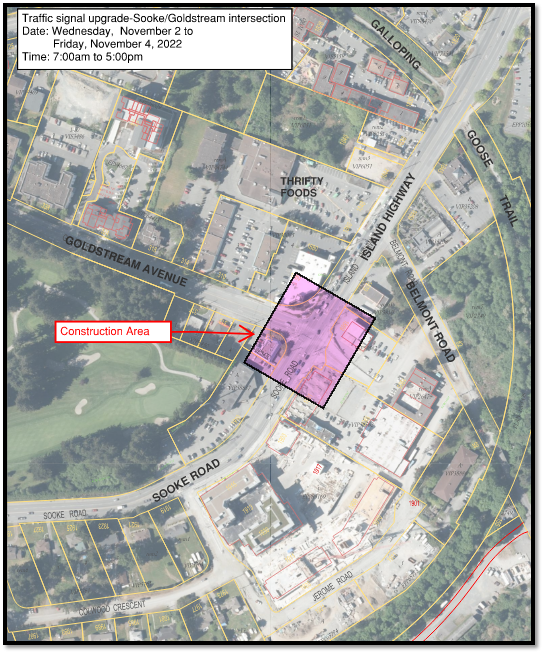 Map highlighting the construction area for a traffic signal upgrade at Sooke and Goldstream intersection.