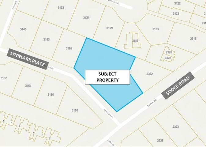 Map highlighting the subject property located at the intersection of Lynnlark Place and Sooke Road.