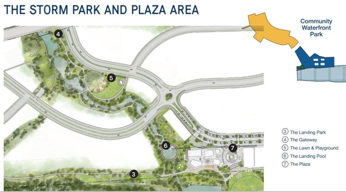 Diagram of the storm park and plaza area with labeled sections including the Landing Park, Gateway, Lawn & Playground, Landing Pool, and Plaza.